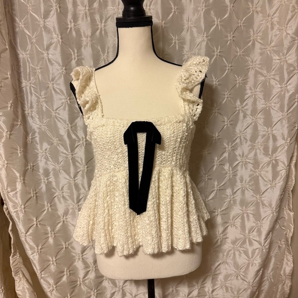 UO Kimchi Blue Cream Bea Ruffle Knit Sweater Babydoll Peplum Tank Top Bow - Picture 4 of 11